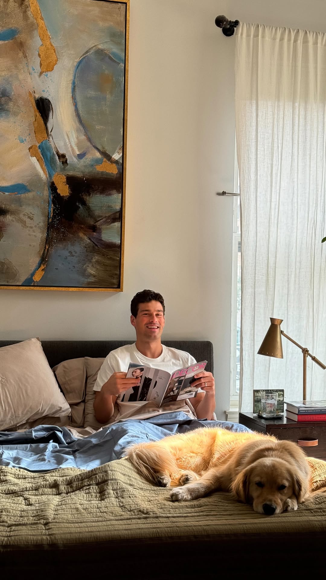 Instagram post by @jaredreinfeldt for Brooklinen. Caption reads: Gave our bedroom a cozy, colorful upgrade with....