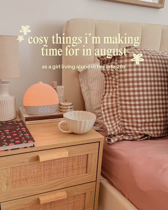 Instagram post by @livingwithtish for Intelligent Change. Caption reads: cosy things i’m making time for in august 🤍✨ post....