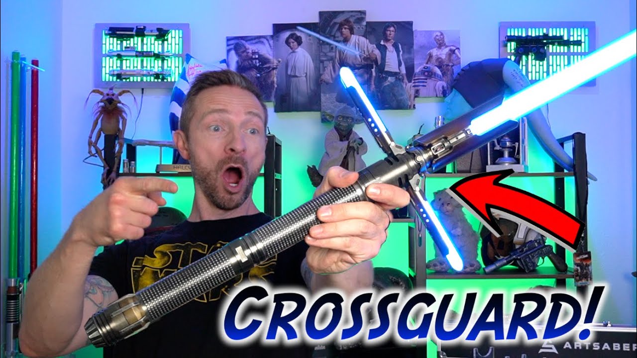 YouTube post by @FindingTheForce for ArtSabers. Caption reads: [...] Crossguard Neopixel Lightsaber from....