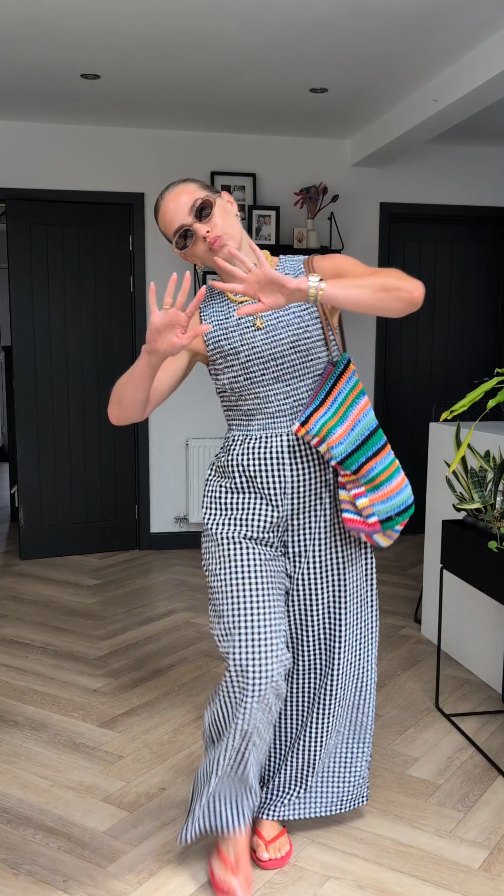 Instagram post by @styledby_mrsj for Jimmy Fairly. Caption reads: Gingham and a pop of red the perfect....