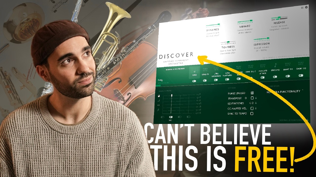 YouTube post by @Taetro for Spitfire Audio. Caption reads: Free Orchestral Library = Instant Inspiration.