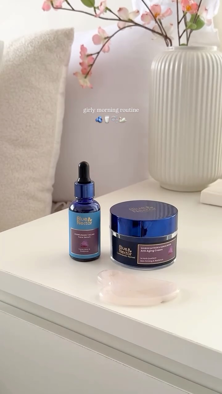 Instagram post by @mrinmayii.__ for Blue Nectar. Caption reads: Morning routine with @bluenectar_ayurved....