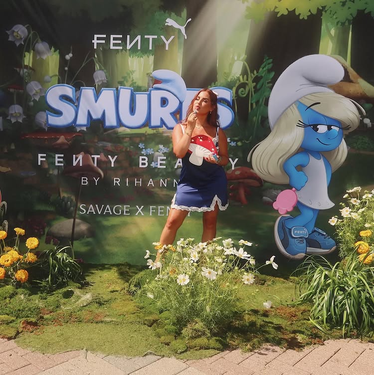 Instagram post by @trendmood1 for Jeffrey Campbell Shoes. Caption reads: The #Smurfs Movie is officially out! 🩵🤍🍄 it’s....