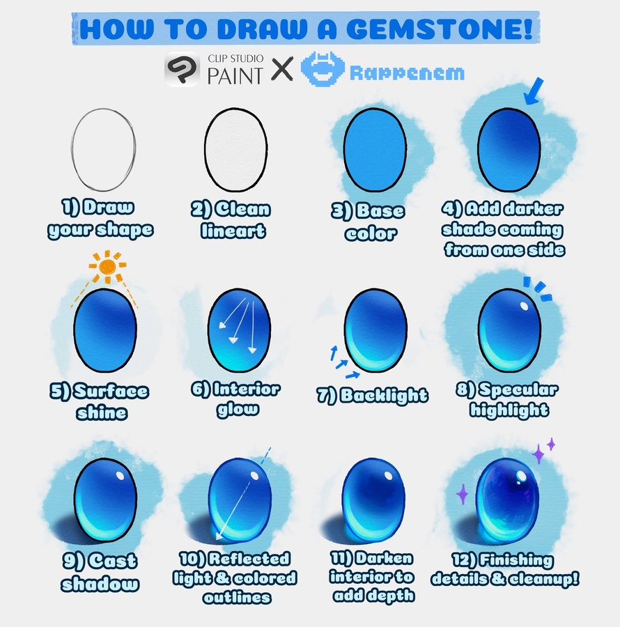 Instagram post by @rappenem_ for Clip Studio Paint. Caption reads: Here’s a little tutorial on how I draw gemstones....