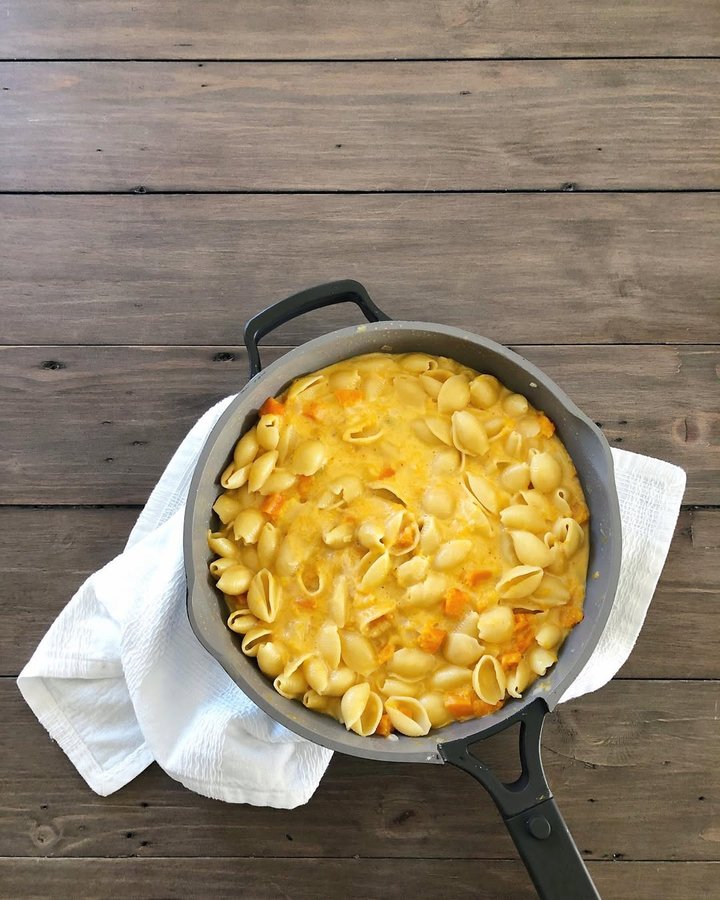 Instagram post by @herheartlandsoul for Hiland Dairy. Caption reads: Sharing this ooey, gooey, stovetop butternut....