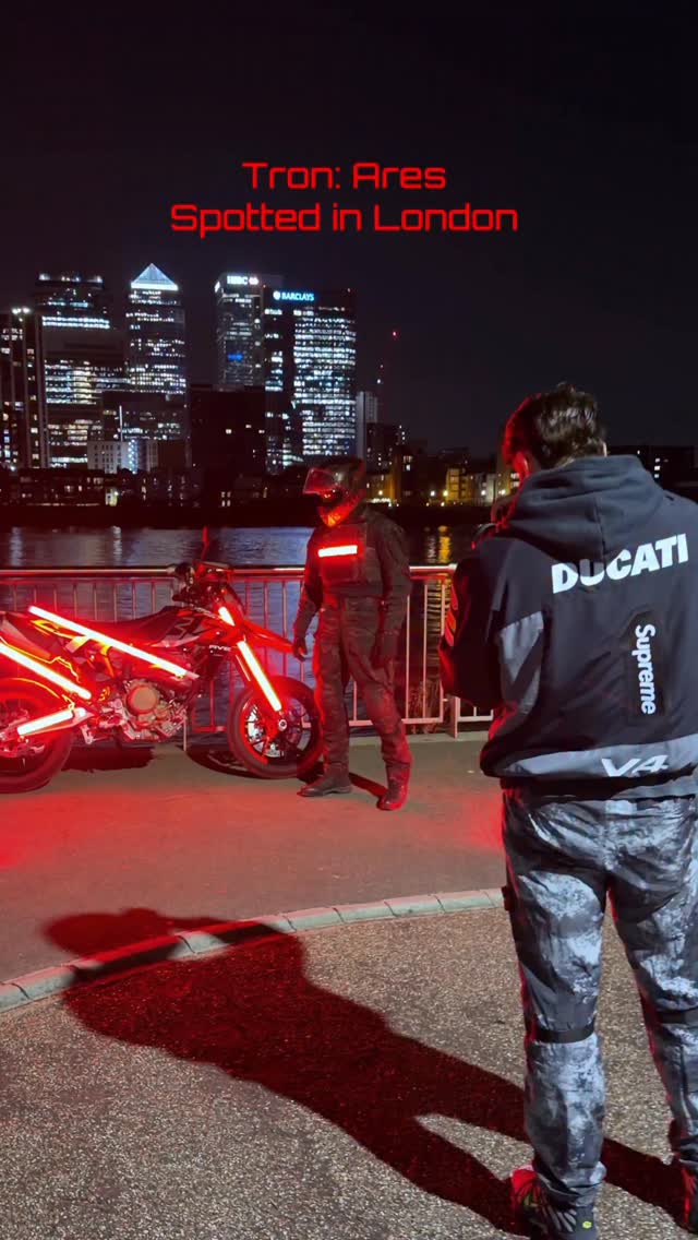 Instagram post by @aa.vision for Ducati. Caption reads: Tron: Ares spotted in London ⚡🏍️ @disneystudiosuk....