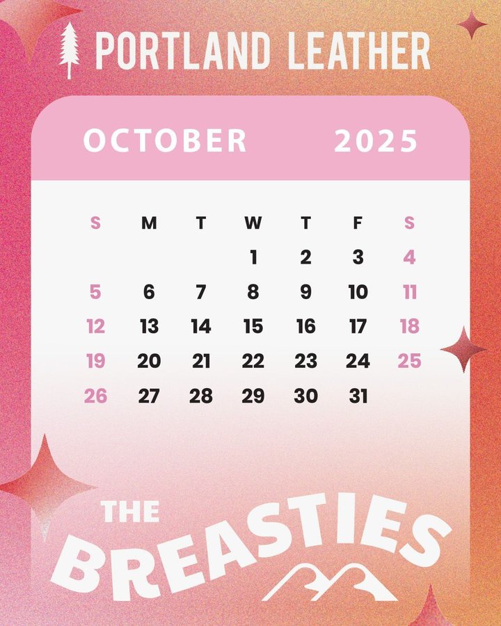 Instagram post by @the_breasties for Portland Leather Goods. Caption reads: 🏔️🏔️This October, we're proud to partner with....