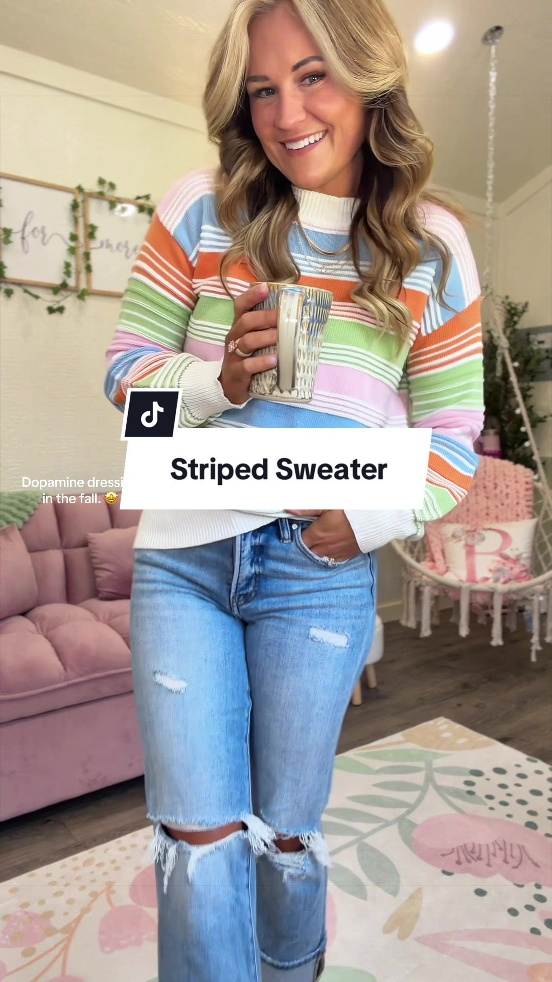 TikTok post by @jackiebentleyshop for Shewin Official US. Caption reads: Cute and affordable sweater! Love the colors!....