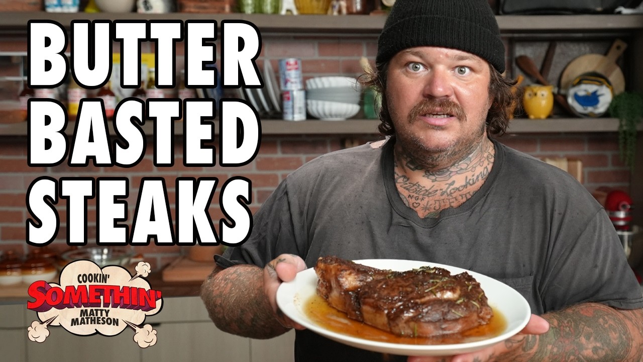 YouTube post by @mattymatheson for Danish Creamery. Caption reads: Succulent Butter Basted Steak & Baked Potatoes |....