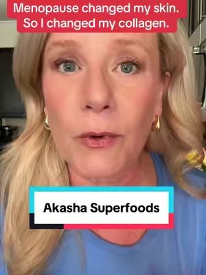TikTok post by @honeygetsherglow for Akasha Superfoods. Caption reads: [...] #CrepeySkin #PostMenopause @Akasha....