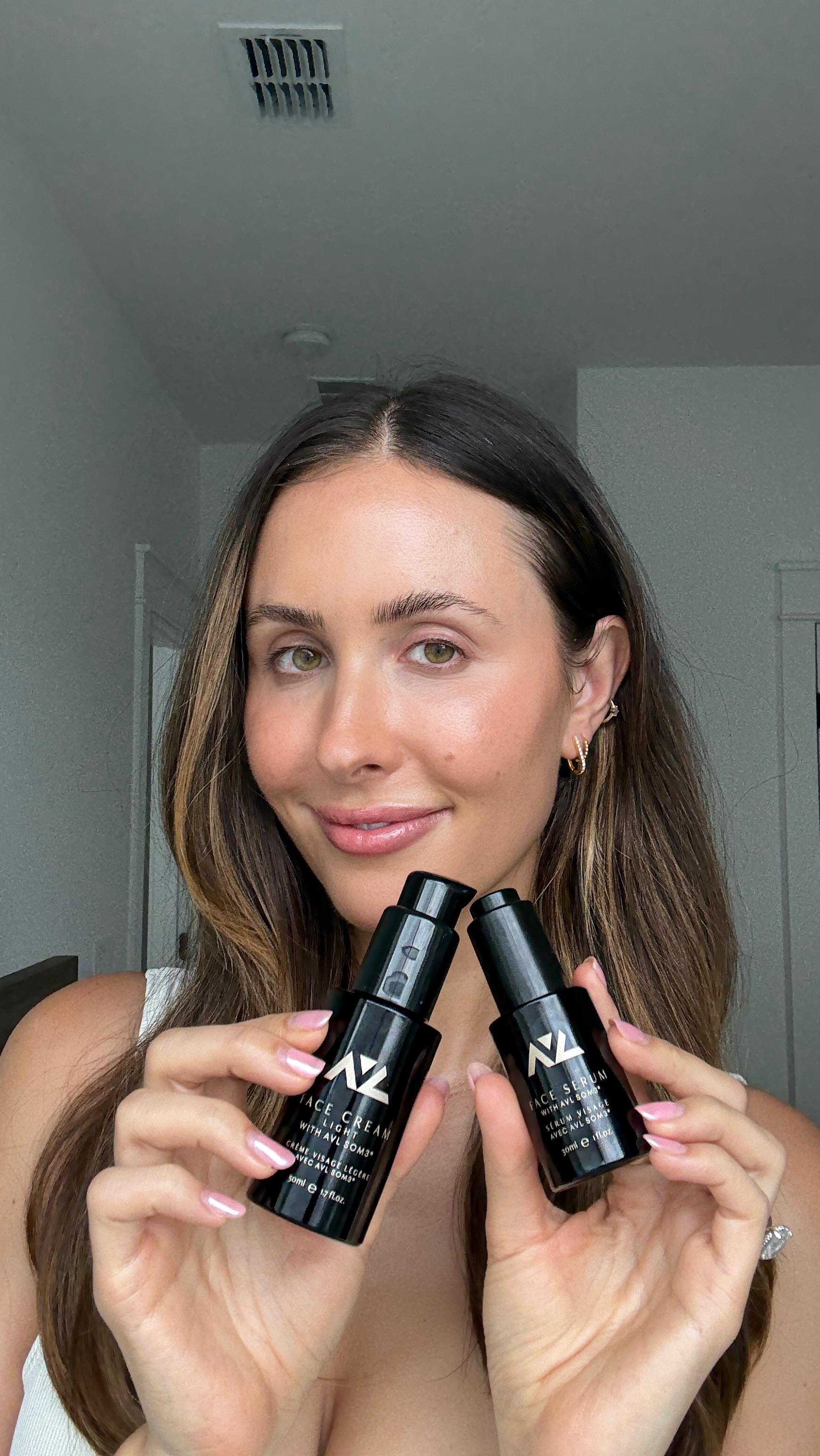 Instagram post by @gabvasile for AV Laboratories. Caption reads: @avllaboratories Essentials Duo: Face Serum and....