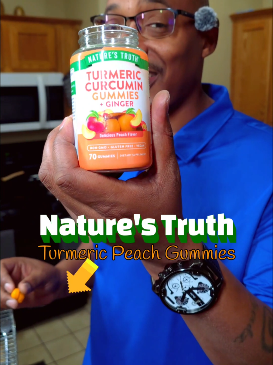 TikTok post by @visitvegasplaces for Nature's Truth. Caption reads: Peach Turmeric gummies @Nature’s Truth....
