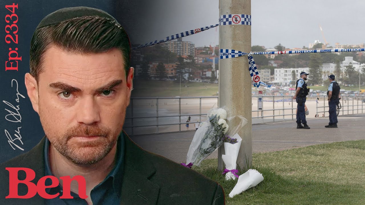 YouTube post by @BenShapiro for SimpliSafe. Caption reads: MASSACRE: 15 Plus Killed in Islamist Hanukkah....