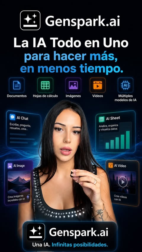 Instagram post by @andrea.cibersecurity for Genspark. Caption reads: publi. He estado probando Genspark para crear una....