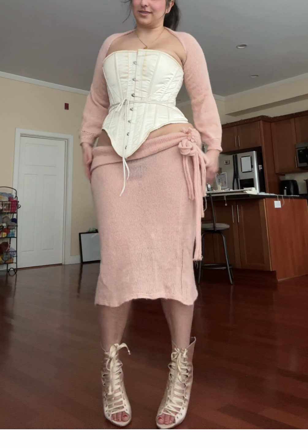 TikTok post by @werldpiece for We Are Knitters. Caption reads: [...] my pink era 🩰🩰 yarn is #gifted by....