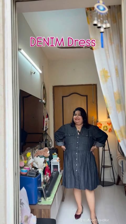 Instagram post by @sillyfoodtraveller for Virgio. Caption reads: Plus size Denim dress, but make it curve-approved.....