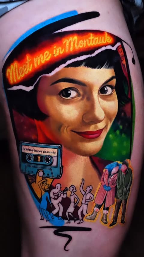 Instagram post by @melektastekin_tattooer for World Famous Tattoo Ink. Caption reads: Amélie’s whimsy, Eternal Sunshine’s fragile....