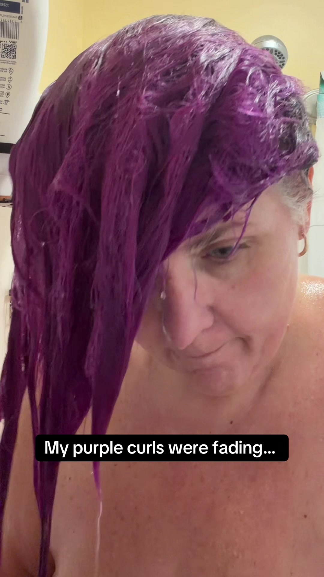 TikTok post by @purplehaired.deni for Colorlomo. Caption reads: [...] #bigcurlypurplehair #purpleshampoo....