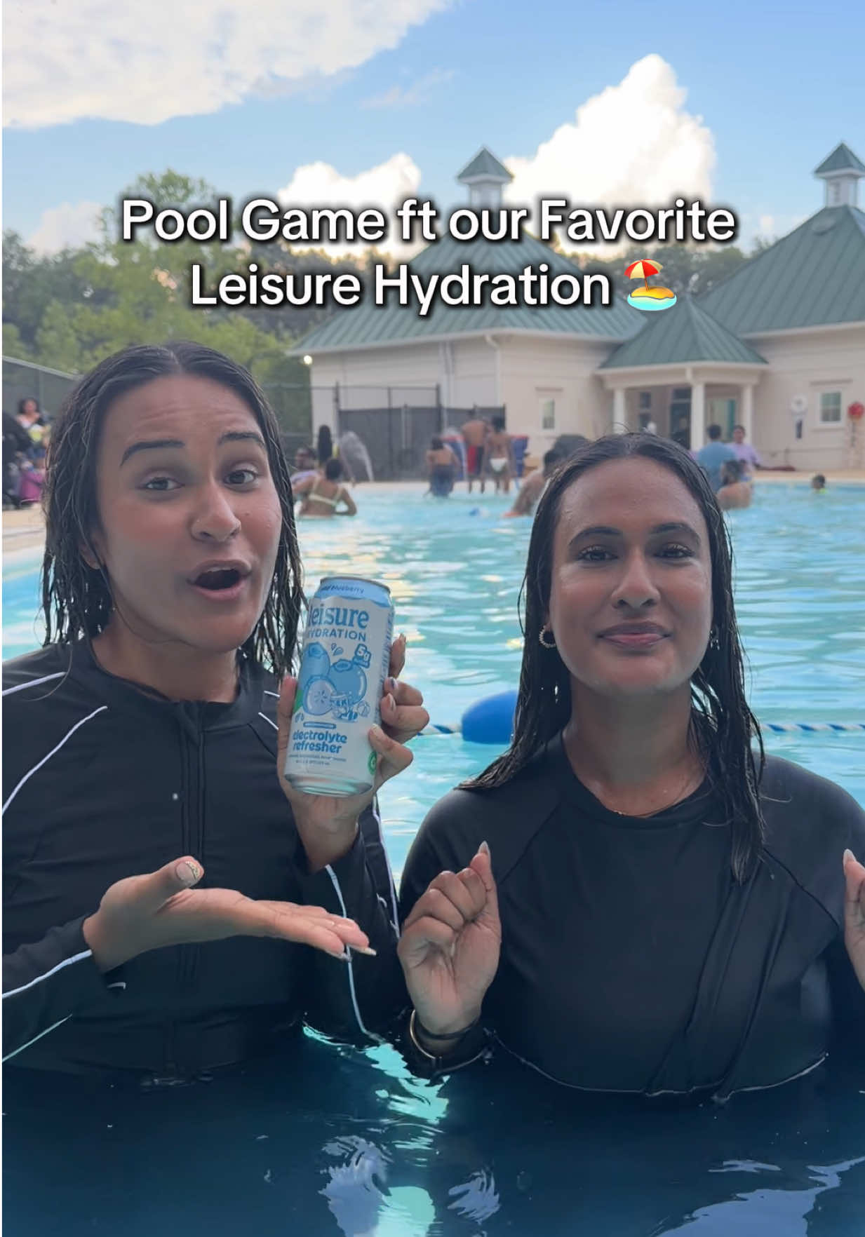 TikTok post by @sistersisterzz for Leisure Project Co. Caption reads: Pool day game ft @Leisure Hydration....