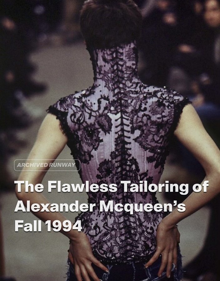 Instagram post by @archivedrunway for Alexander McQueen. Caption reads: Alexander McQueen’s Fall 1996 RTW collection....