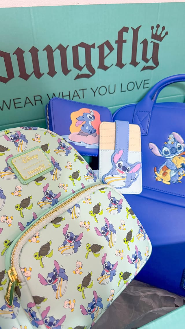 Instagram post by @emilyyyrosess for loungefly. Caption reads: The new Disney Lilo & Stitch Loungefly collection....