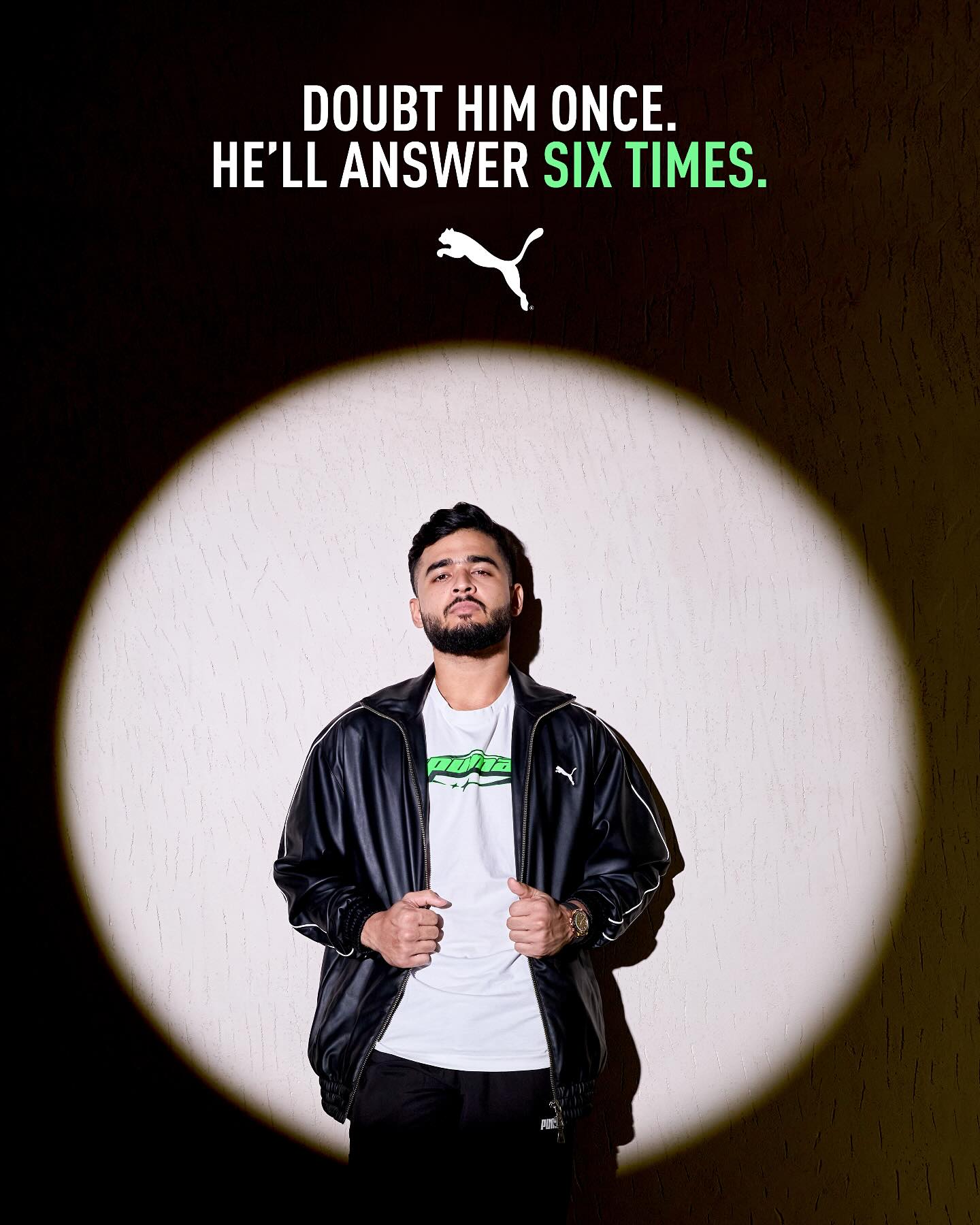 Instagram post by @riyanhparag for PUMA India. Caption reads: Six balls. Six sixes. One historic moment. 😮‍💨....