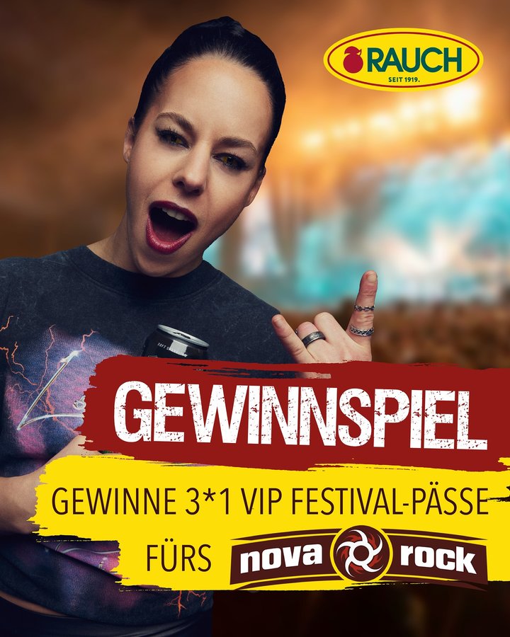 Instagram post by @stephi94brunner for Rauch Fruchtsäfte. Caption reads: 🎉 GEWINNSPIEL: NOVA ROCK VIP EXPERIENCE 2025....