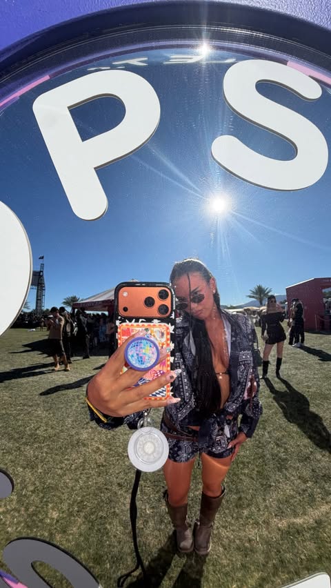 Instagram post by @adelainemorin for PopSockets. Caption reads: Day 2 outfit @revolve 🎡 matching my @popsockets....