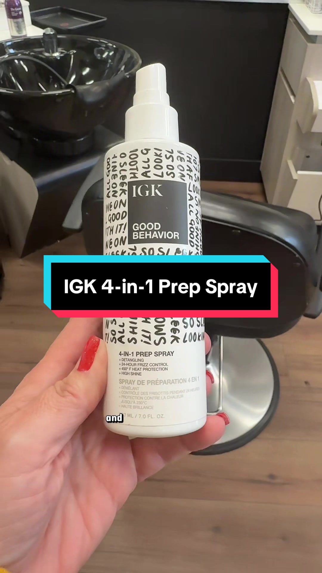 TikTok post by @hairbykariella for IGK Hair. Caption reads: @IGK Hair The 4-in-1 prep spray I never [...].