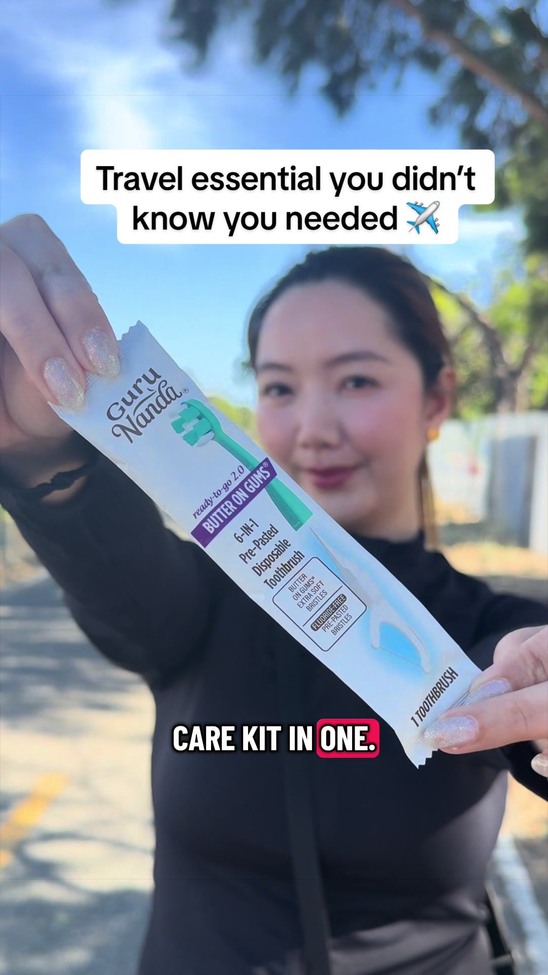 TikTok post by @erikalomelino for Gurunanda. Caption reads: [...] and camping oral care essential! @GuruNanda....