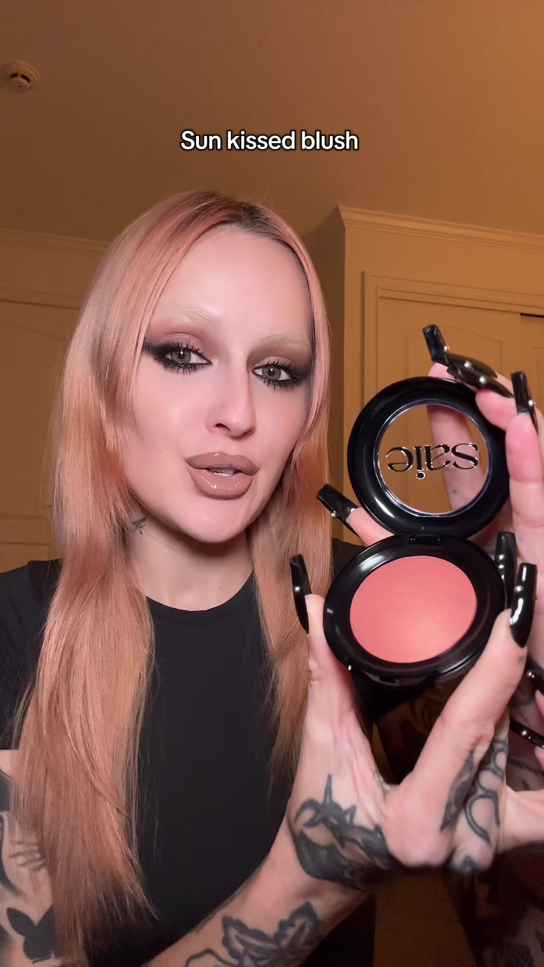 TikTok post by @not_another_hanna for Saie hello. Caption reads: Soooo cute @Saie #makeupreview #blush #saiebeauty .