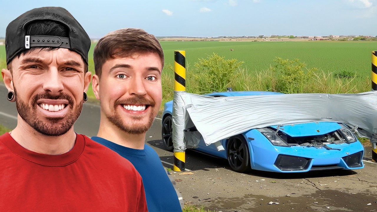 YouTube post by @MatArmstrongbmx for carVertical. Caption reads: I BOUGHT MR BEAST'S WRECKED LAMBORGHINI.