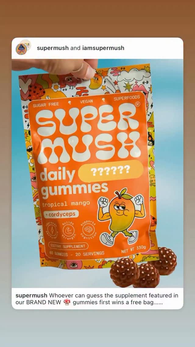 Instagram post by @intothemultiverse for SuperMush. Caption reads: Meet your new gym (and brain) buddy: @SuperMush....