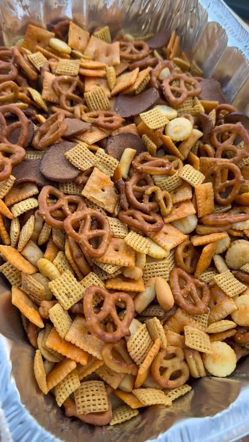 Instagram post by @richardeats_ for Pit Boss Grills. Caption reads: Party Mix for Gameday with @pitbossgrills 😩.