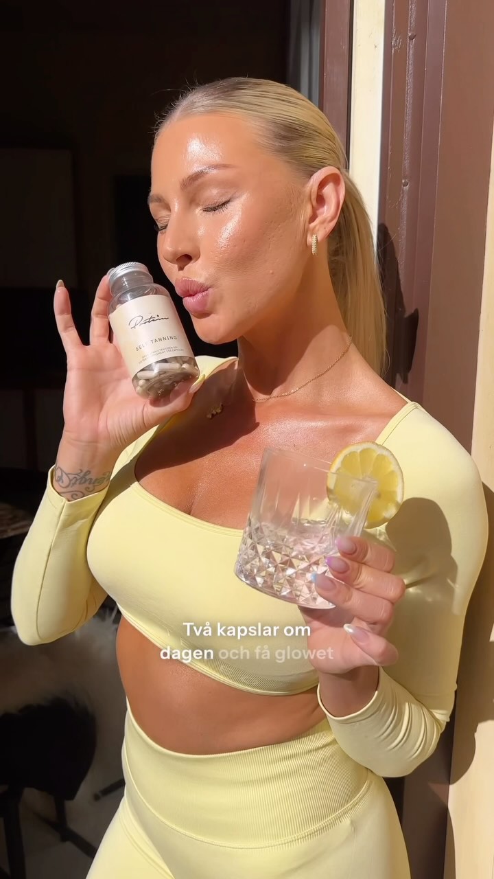 Instagram post by @estokholm for Protein.com. Caption reads: ✨ Vill du ha en naturligt solkysst hud – året om?....