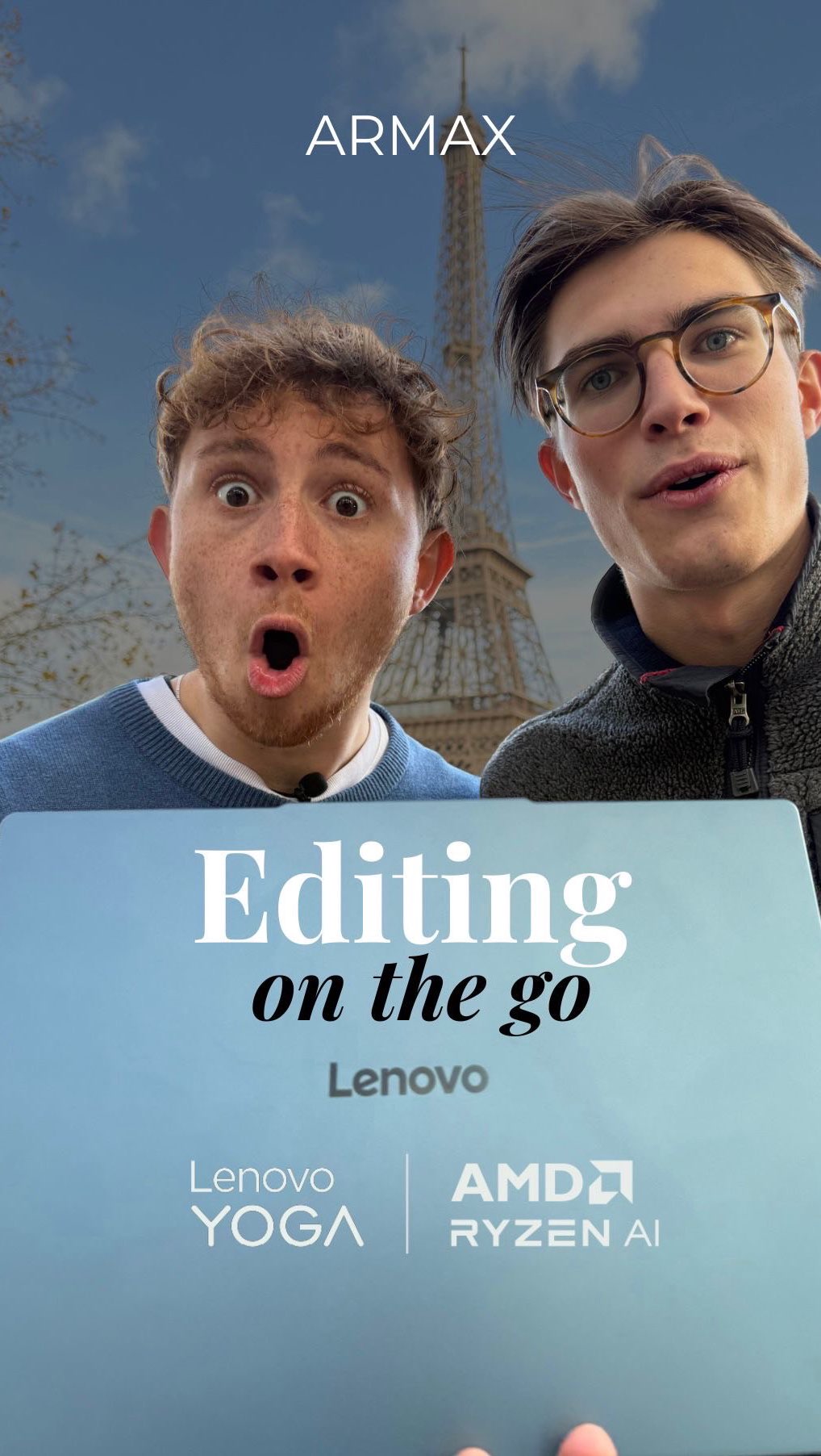 Instagram post by @adelambilly for AMD. Caption reads: Max’s hectic day of editing on the Lenovo Yoga....