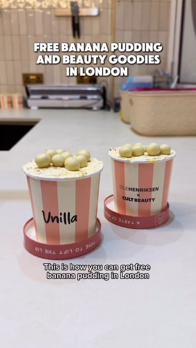 Instagram post by @exploringlondon for OLEHENRIKSEN. Caption reads: FREE banana pudding from @vnillalondon this....