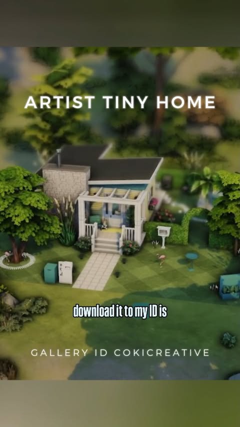 Instagram post by @coki.creative for The Sims. Caption reads: [...] ✨Artist's Tiny Home Speed Build✨ Game:....
