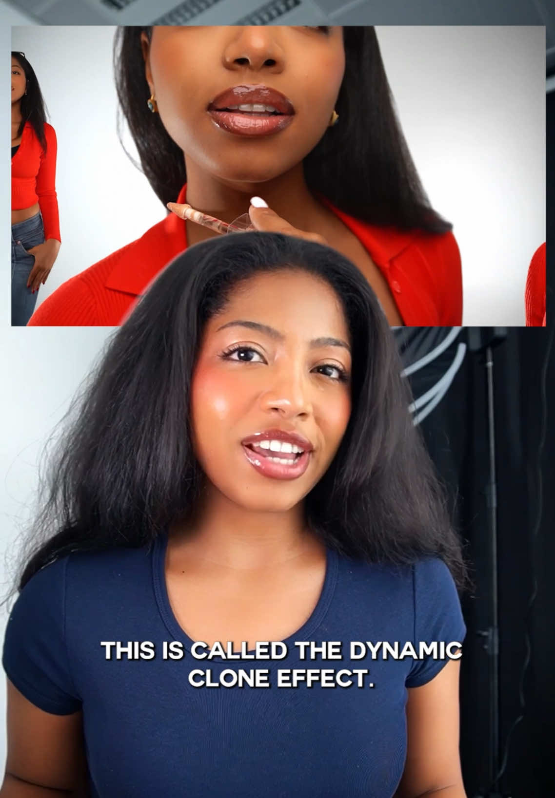 TikTok post by @agapicreate for Adobe Video. Caption reads: [...] clone effect with Premiere on iPhone @Adobe....