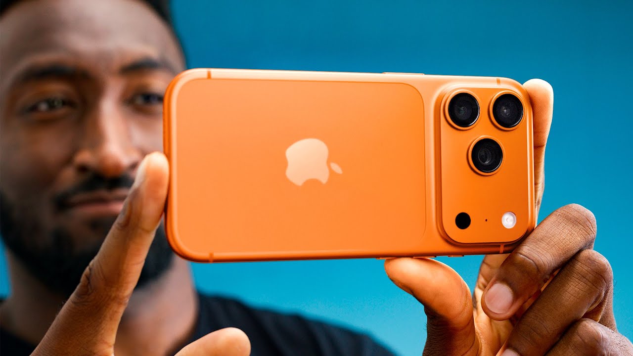 YouTube post by @mkbhd for Dbrand. Caption reads: iPhone 17 Pro Review: Paradox in a Box!.