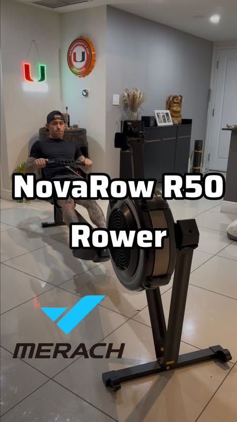 Instagram post by @dr.zachcolls for Merach. Caption reads: Merach NovaRow R50 Rower ❓ Air rower, magnetic,....