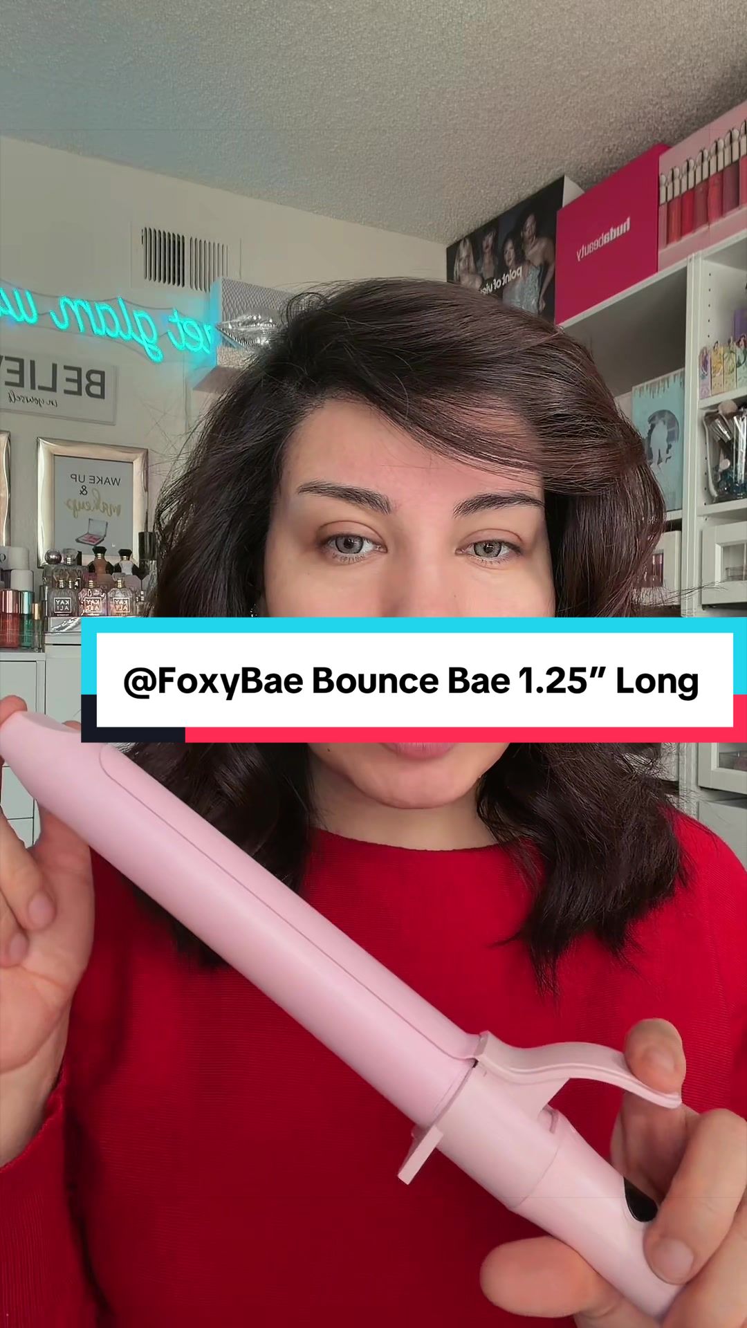 TikTok post by @get_glam_with_sadaf for FoxyBae Hair. Caption reads: @FoxyBae Hair Bounce Bae 1.25” Long 💖👌....