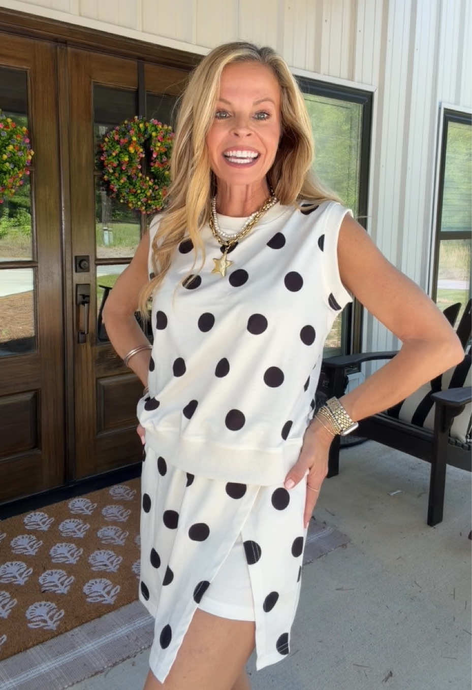 TikTok post by an influencer for Shewin. Caption reads: How fun is this two piece polka dot set?! A skirt....