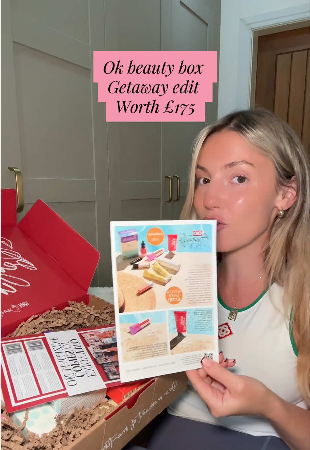 TikTok post by @itskatieyarwood for OK! Beauty Box. Caption reads: ☀️The getaway edit worth £175 @OK! Beauty Box....