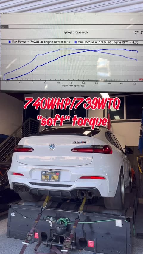 Instagram post by @hausofpower_llc for BMW USA. Caption reads: 740WHP/739WTQ SOFT TORQUE X4M … STOCK TURBO … FLEX....