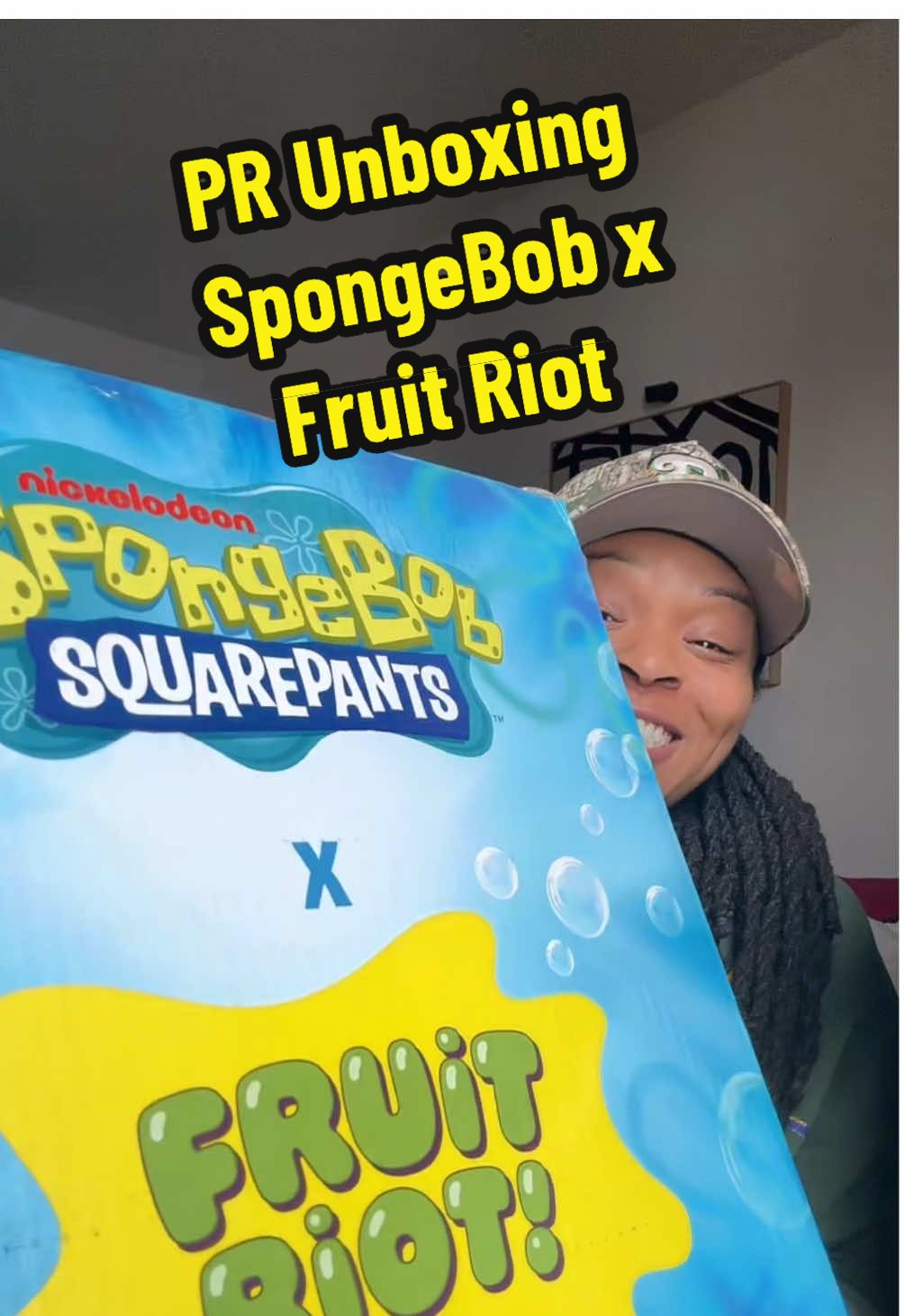 TikTok post by @munchwithdes for SpongeBob SquarePants. Caption reads: SpongeBob x Fruit Riot PR box unboxing....