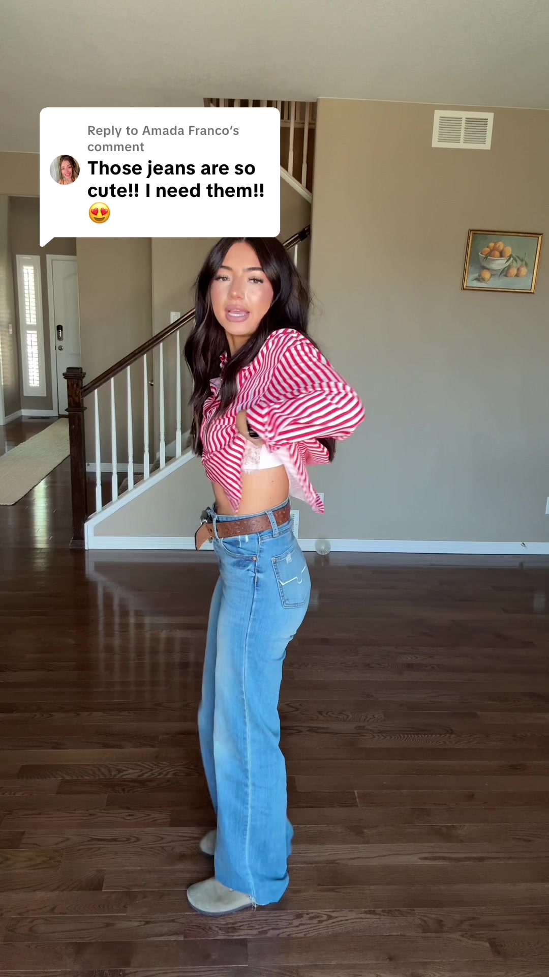 TikTok post by @oliviaowassa for Kimes Ranch Jeans. Caption reads: Replying to @Amada Franco truly my fav jeans EVER....