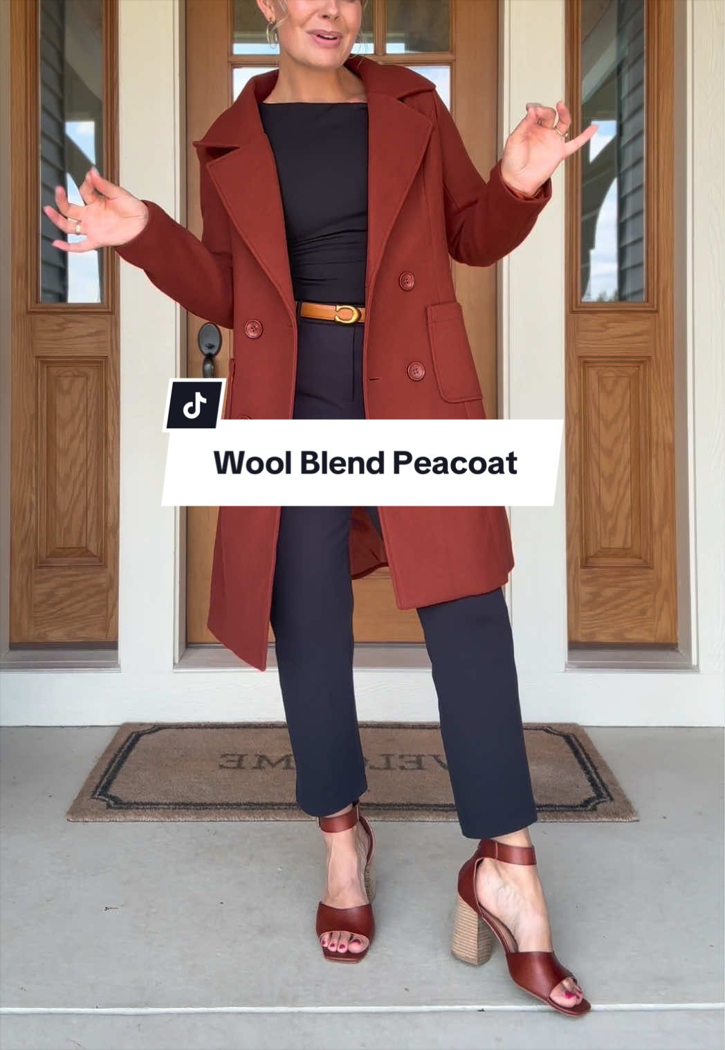 TikTok post by @kayleemacomber for Molitree. Caption reads: [...] never go wrong with a classic peacoat!....