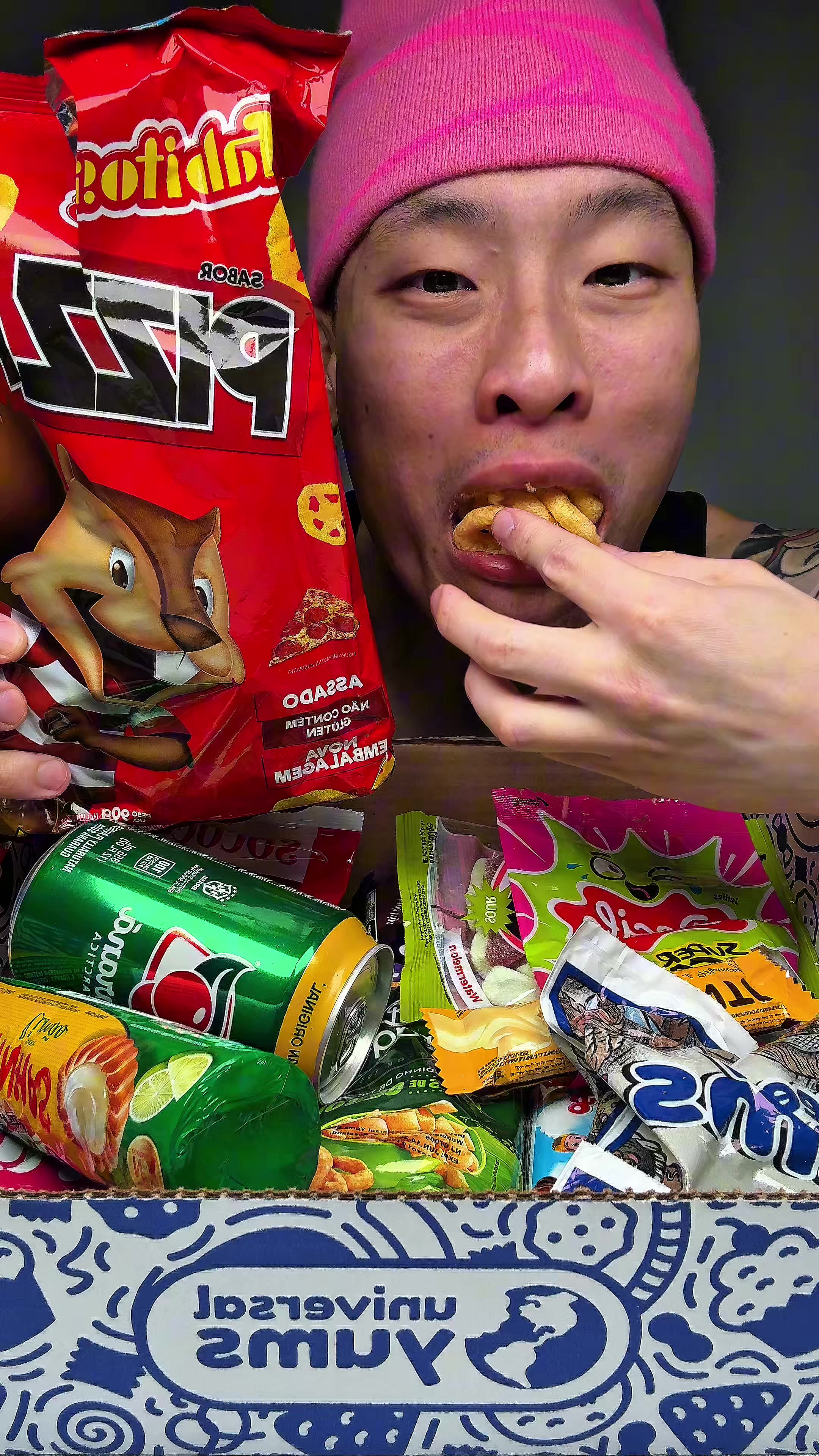TikTok post by @shhhhimeating for Universal Yums. Caption reads: [...] snacks from Brazil this month with....