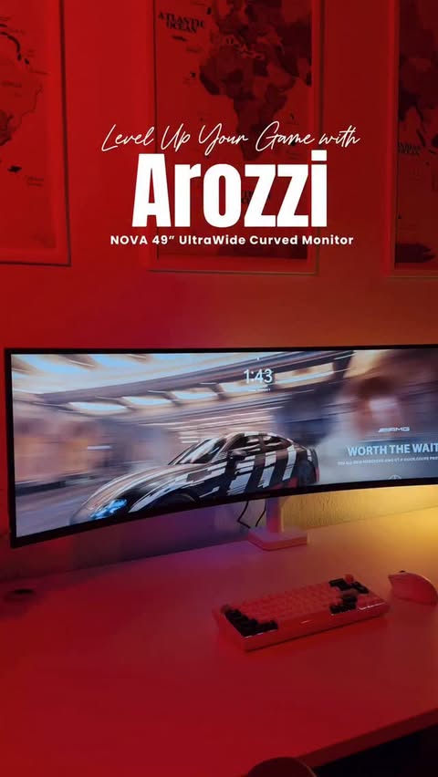 Instagram post by @techie_nomad007 for Arozzi. Caption reads: [...] my setup with a 49” ultra-wide curved AROZZI....